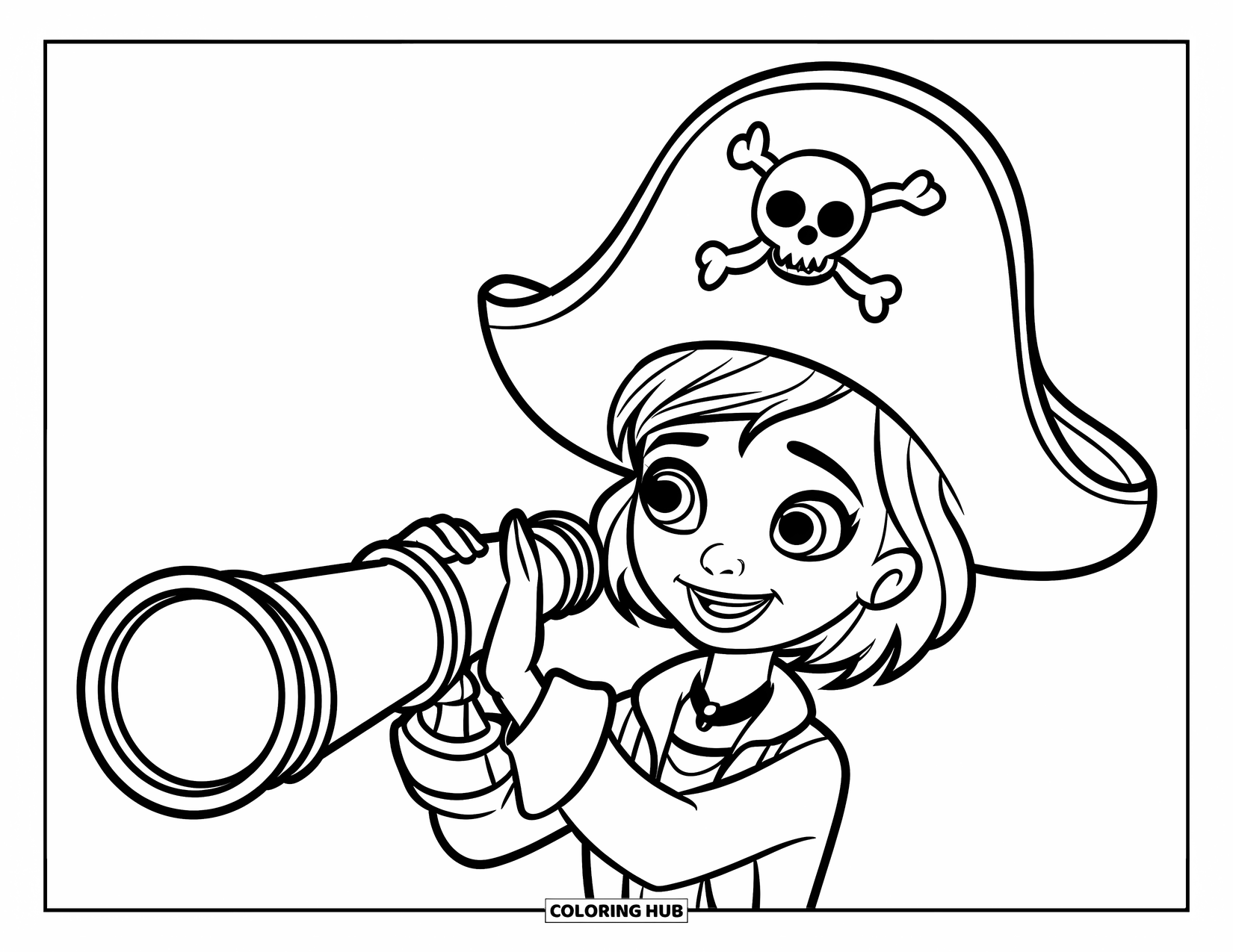 Pirate Coloring Page for Kids: A girl pirate with a telescope stands on a platform by ships