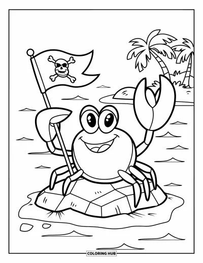 Dibujo para colorear de piratas para niños: Un cangrejo feliz con una bandera se sienta en una roca junto a palmeras y olas