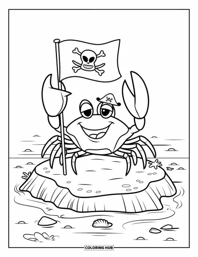 Dibujo para colorear de piratas para niños: Un cangrejo feliz con un sombrero sostiene una bandera pirata en una isla junto al océano