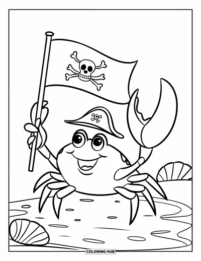 Dibujo para colorear de piratas para niños: Un cangrejo feliz con una bandera pirata está de pie en una isla de arena con conchas