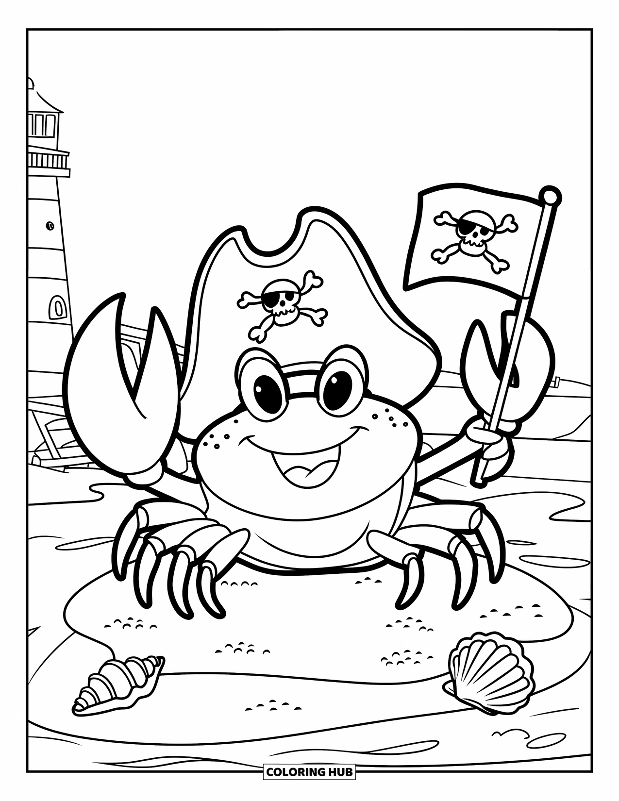 Pirate Coloring Page for Kids: A happy crab with a pirate hat holds a flag on a sandy island by a lighthouse