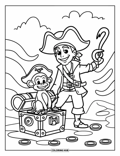 Dibujo para colorear de piratas para niños: Un mono con un sombrero de pirata se sienta en un cofre junto a olas y nubes