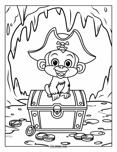Dibujo de piratas para niños: Un mono con un sombrero de pirata se sienta en un cofre con monedas y joyas