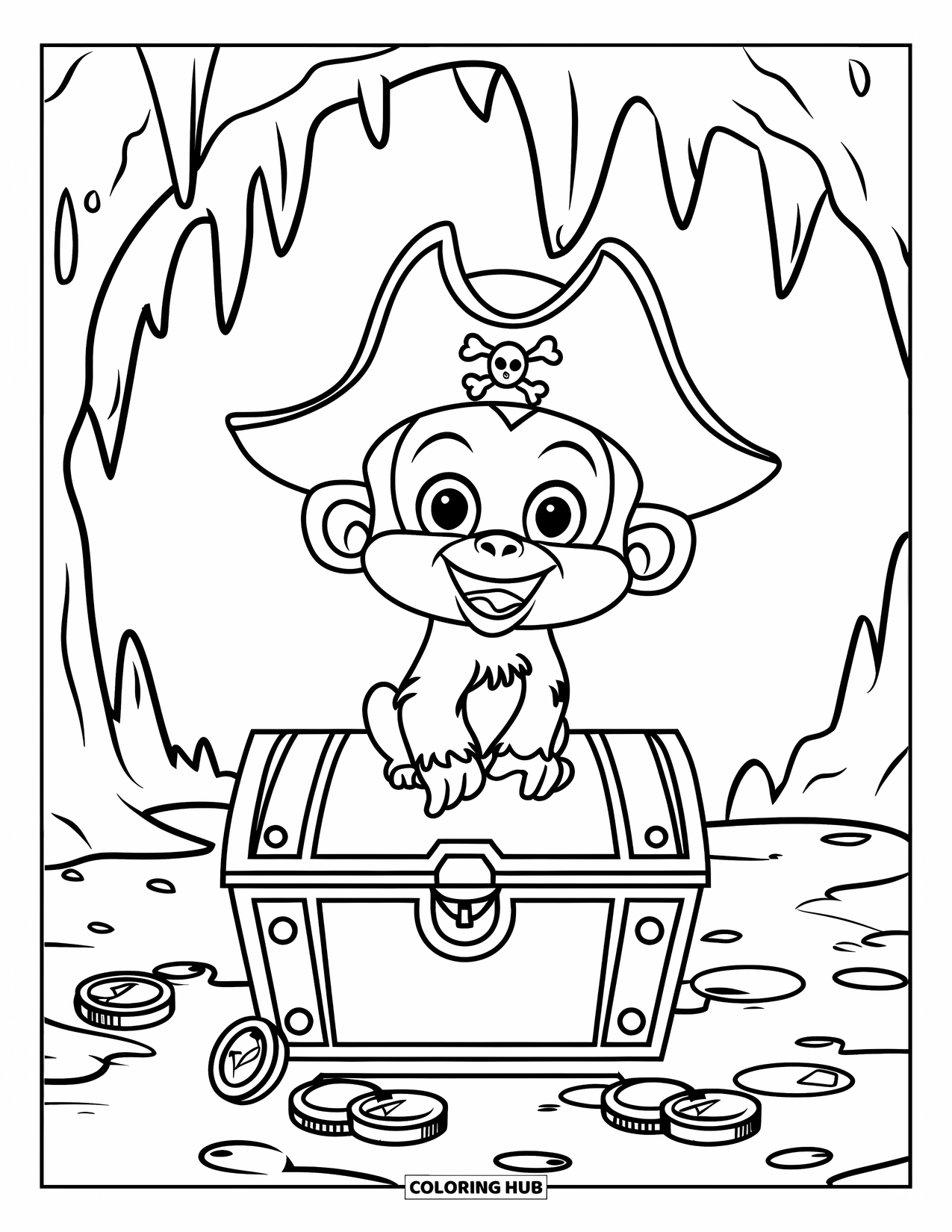 Pirate Coloring Page for Kids: A monkey in a pirate hat sits on a chest with coins and jewels