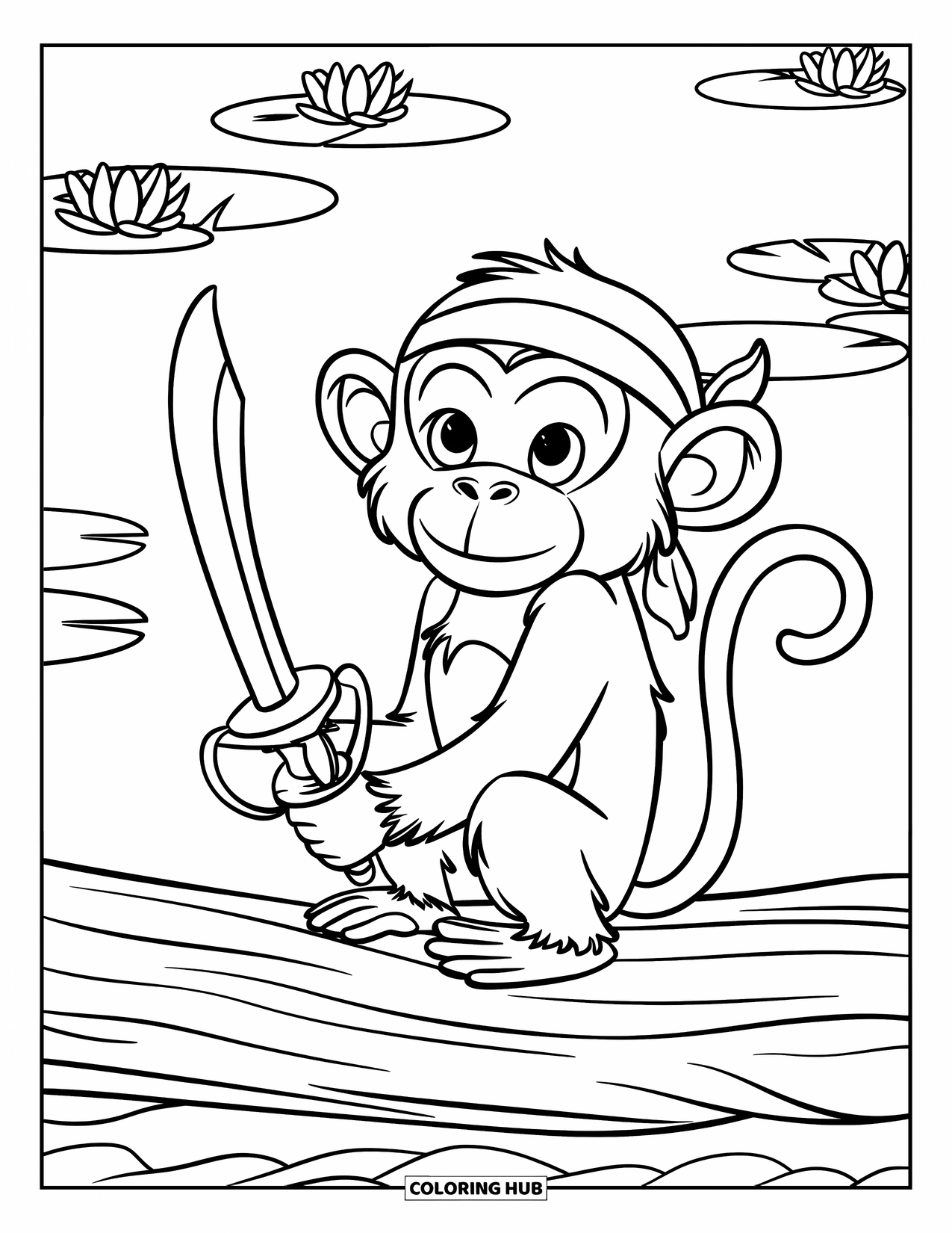 Pirate Coloring Page for Kids: A monkey with a bandana holds a banana sword by a serene lake