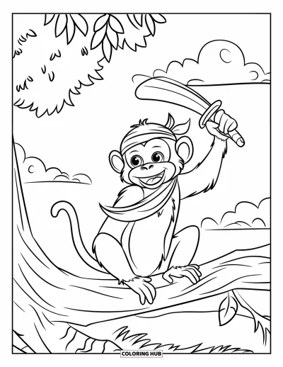 Dibujo de piratas para colorear para niños: Un mono con un pañuelo en la cabeza sostiene una banana a modo de espada sobre una rama