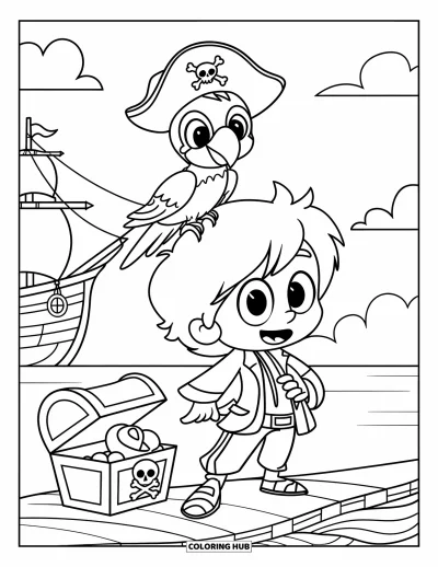 Dibujo para colorear de piratas para niños: Un loro con un sombrero de pirata se sienta en el hombro de un niño pirata junto a un barco