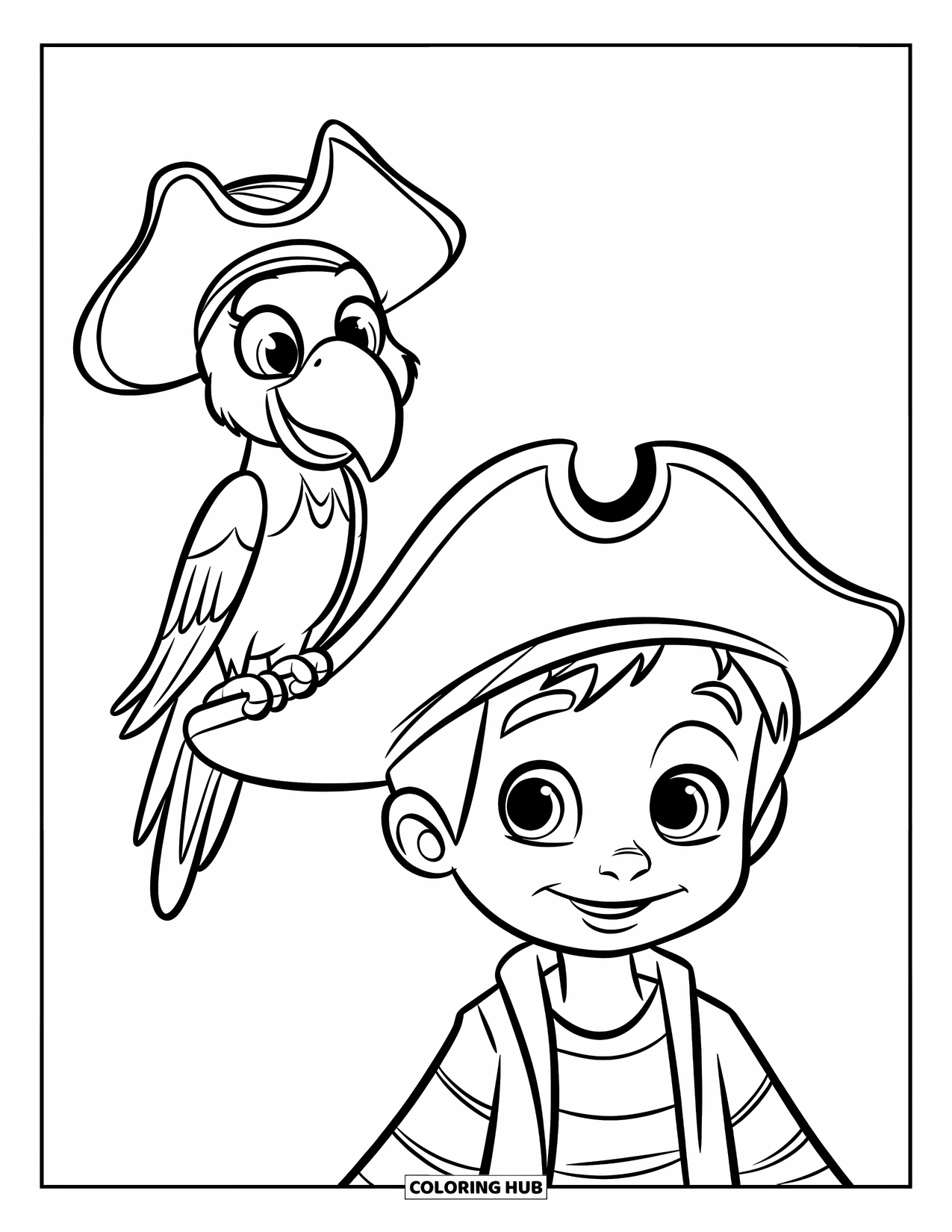 Pirate Coloring Page for Kids: A parrot in a pirate hat sits on a pirate boy's shoulder with a cheeky smile