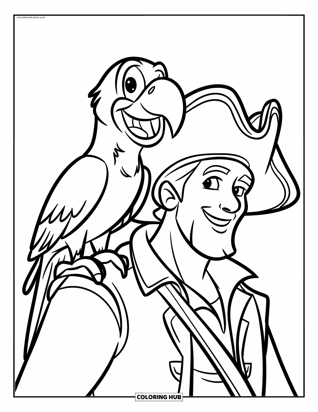 Pirate Coloring Page for Kids: A parrot sits on a pirate's shoulder by a ship and lighthouse