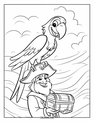 Dibujo para colorear de piratas para niños: Un loro se sienta en el hombro de un pirata sosteniendo un cofre junto a mares tormentosos