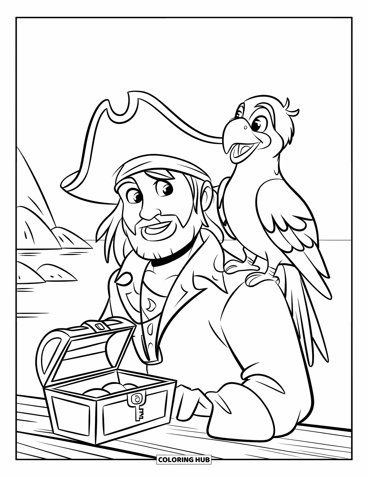 Pirate Coloring Page for Kids: A parrot smiles on a pirate's shoulder by a chest and calm sea