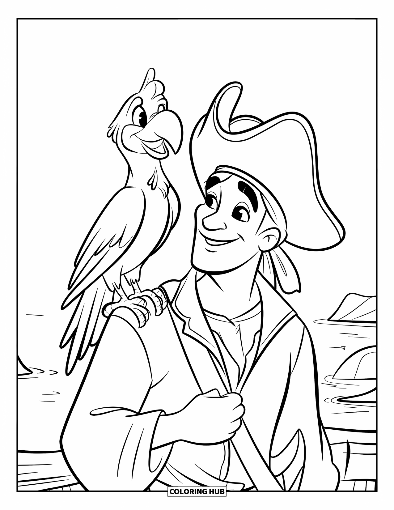 Pirate Coloring Page for Kids: A parrot with a green body sits on a pirate's shoulder by calm seas
