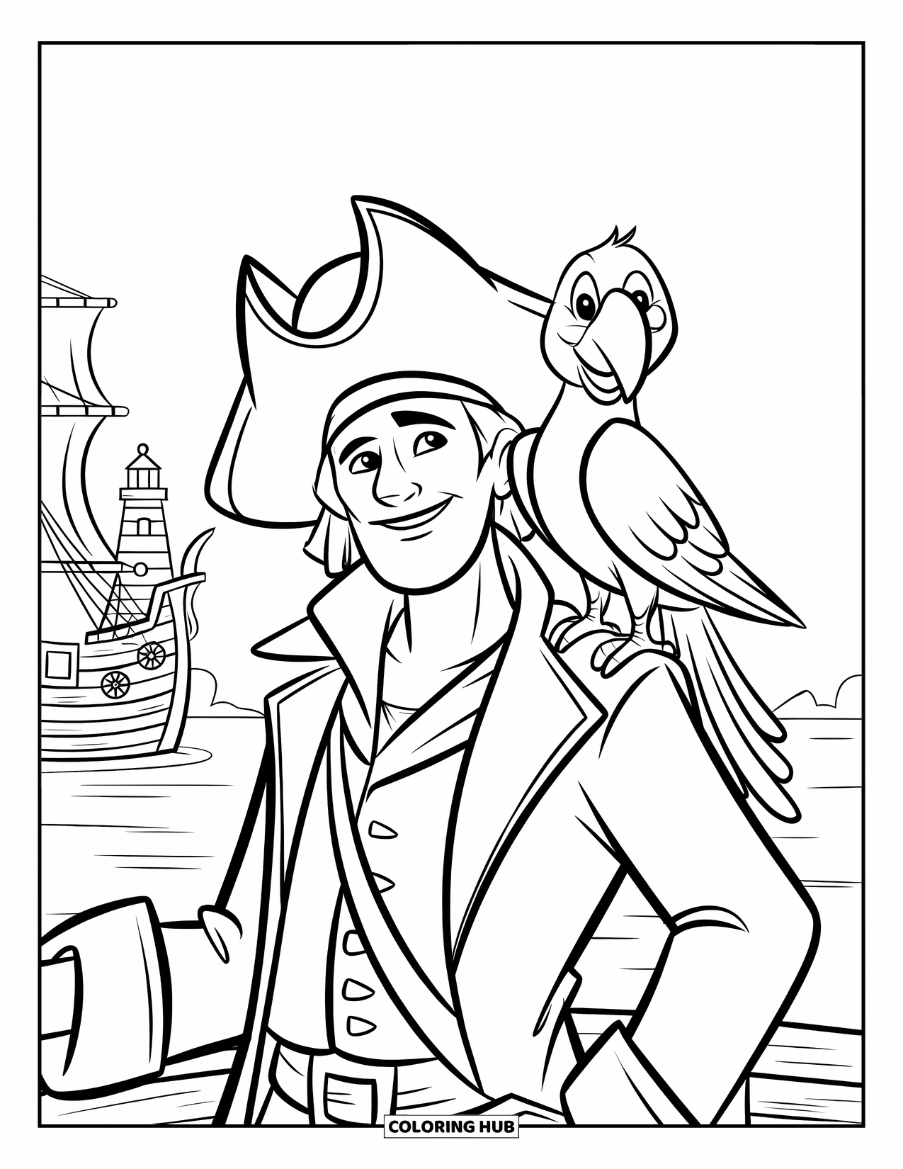 Pirate Coloring Page for Kids: A parrot with blue and green feathers sits on a pirate's shoulder