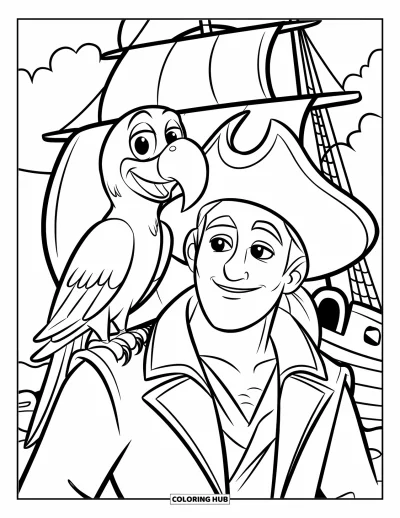 Dibujo para colorear de piratas para niños: Un loro con ojos brillantes se sienta en el hombro de un pirata junto a nubes y agua