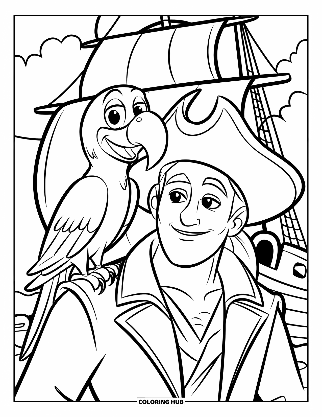 Pirate Coloring Page for Kids: A parrot with bright eyes sits on a pirate's shoulder by clouds and water
