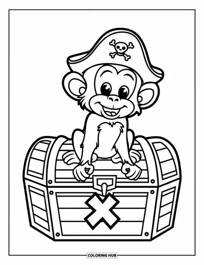 Dibujo para colorear de piratas para niños: Un mono mascota con un sombrero de pirata se sienta en un cofre del tesoro