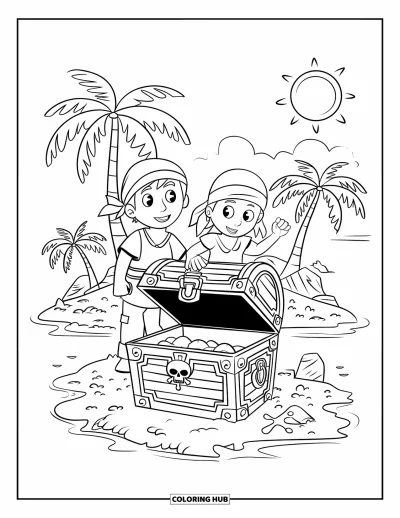 Dibujo para colorear de piratas para niños: Un niño y una niña piratas descubren un cofre del tesoro en una isla tropical