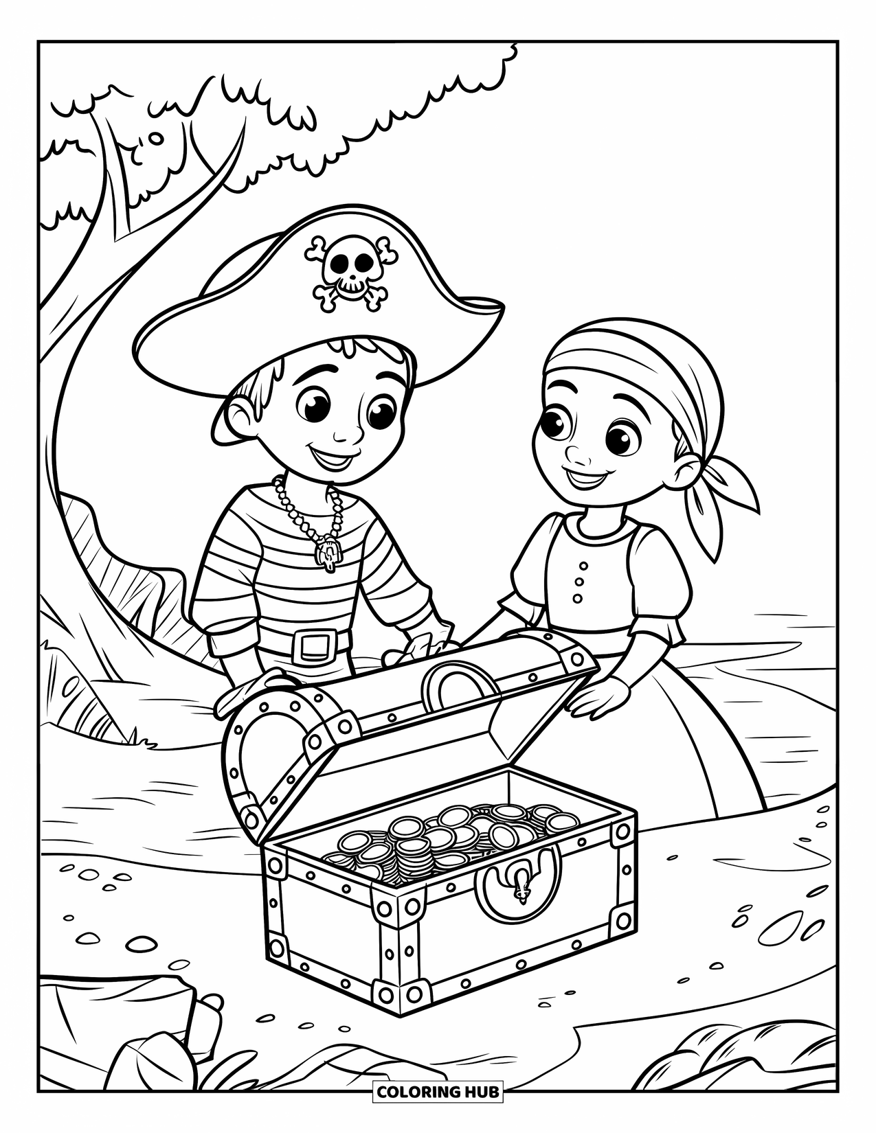 Pirate Coloring Page for Kids: A pirate boy and girl find a treasure chest on a rocky island