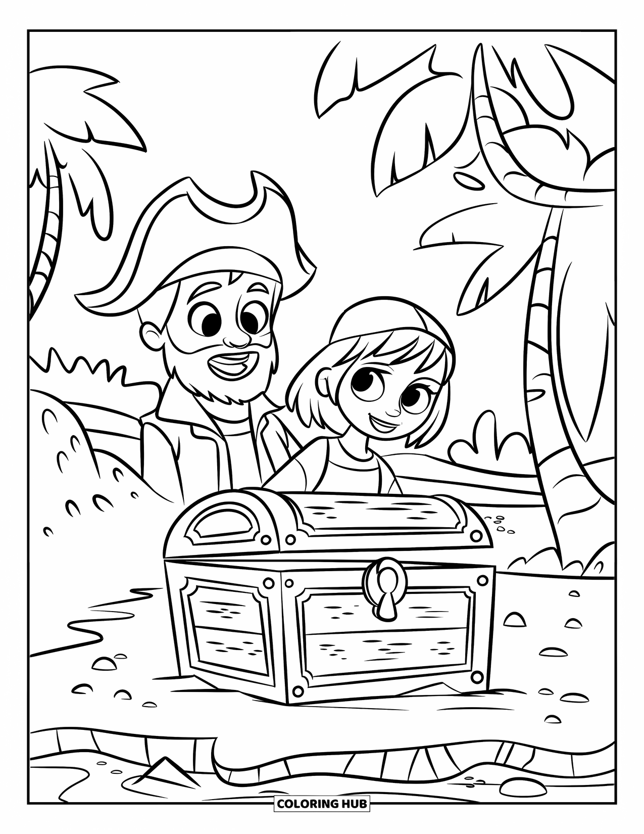 Pirate Coloring Page for Kids: A pirate boy and girl uncover a hidden treasure chest on an island