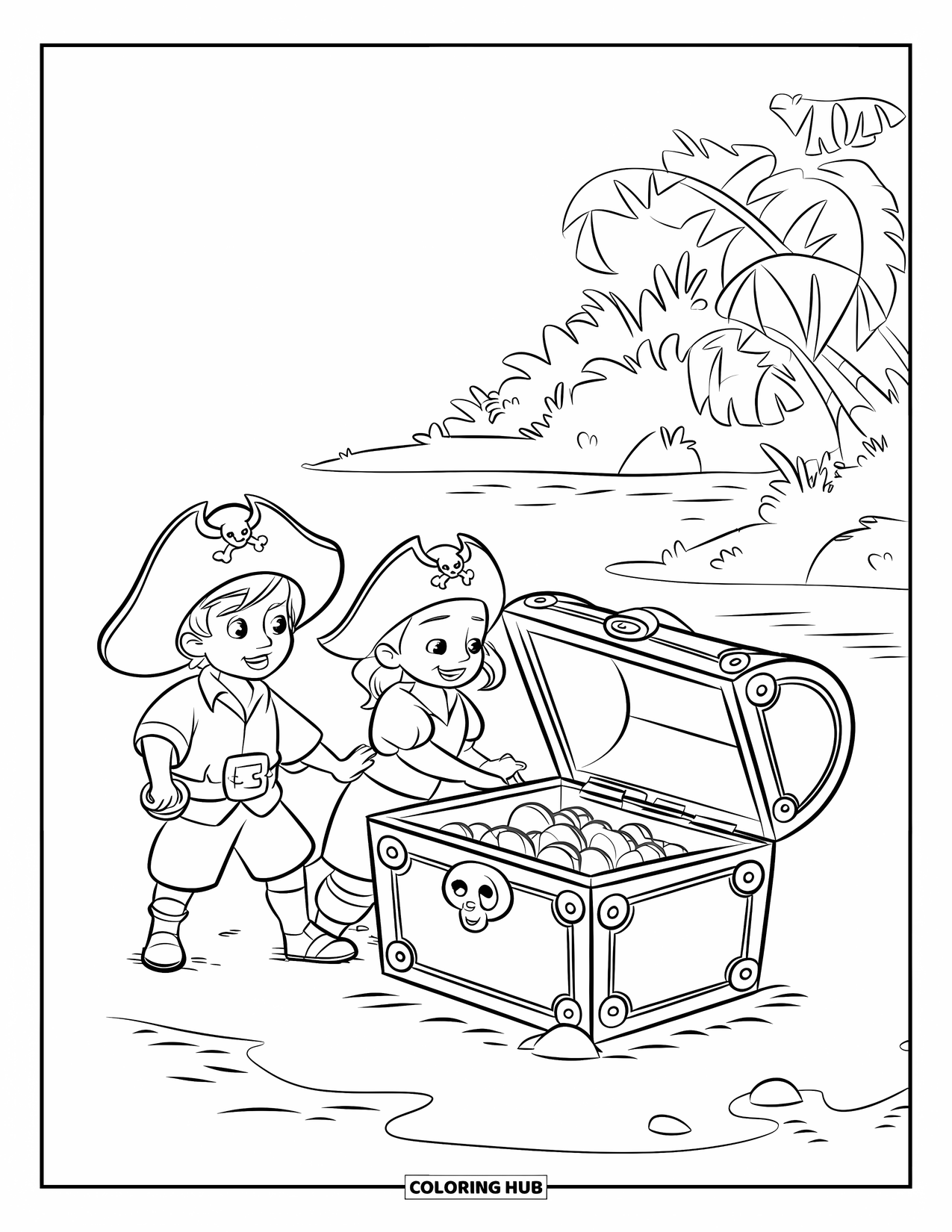 Pirate Coloring Page for Kids: A pirate boy and girl uncover a treasure chest among trees and rocks