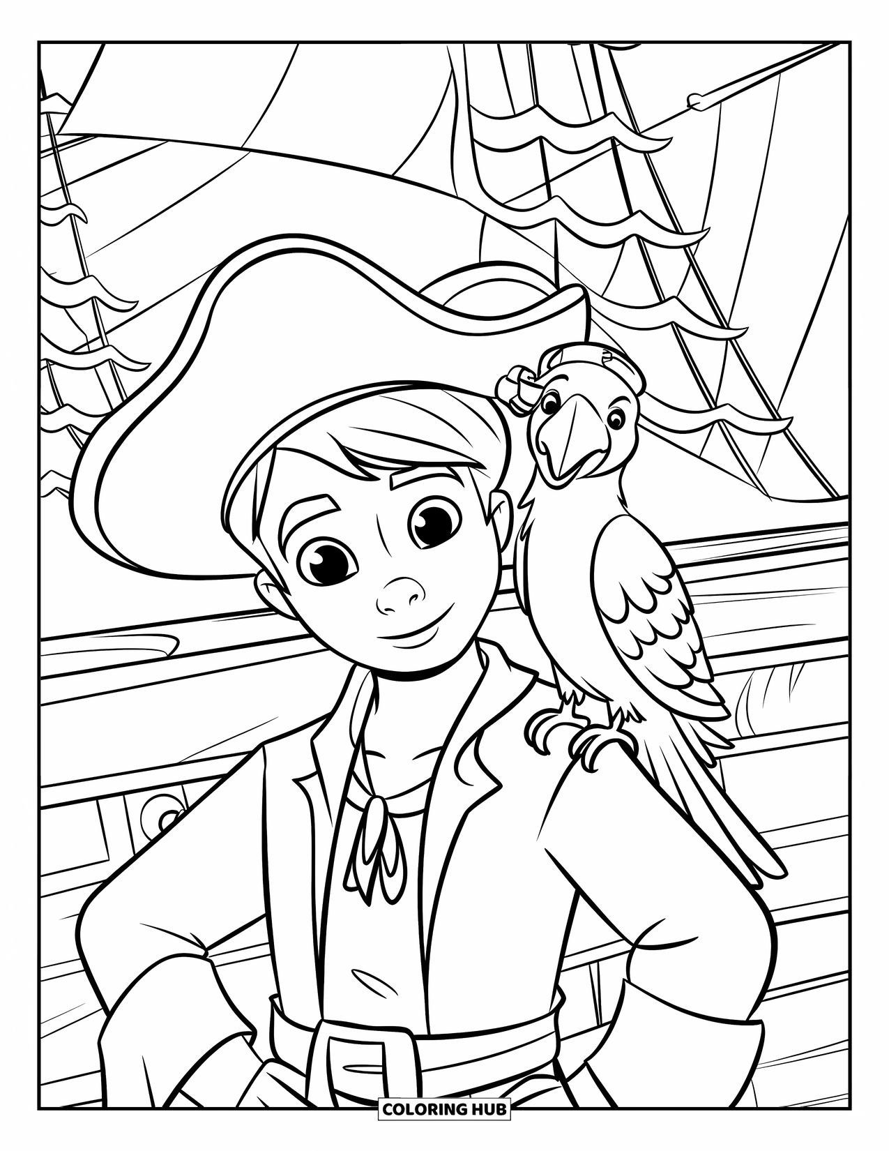Pirate Coloring Page for Kids: A pirate boy with a parrot in a hat stands by a ship with masts