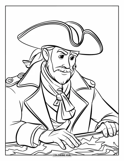 Dibujo para colorear de piratas para niños: Un capitán pirata contempla un mapa con un abrigo y un sombrero de tres picos