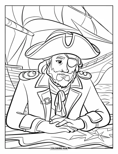 Dibujo para colorear de piratas para niños: Un capitán pirata con un sombrero y barba estudia un mapa en un barco
