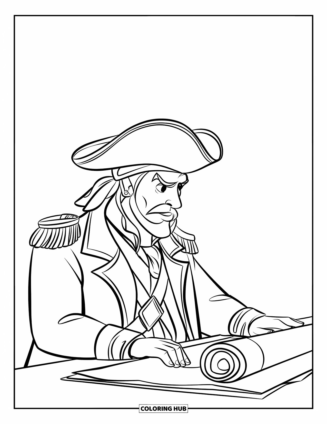 Pirate Coloring Page for Kids: A pirate captain with a tricorn hat examines a rolled-up map