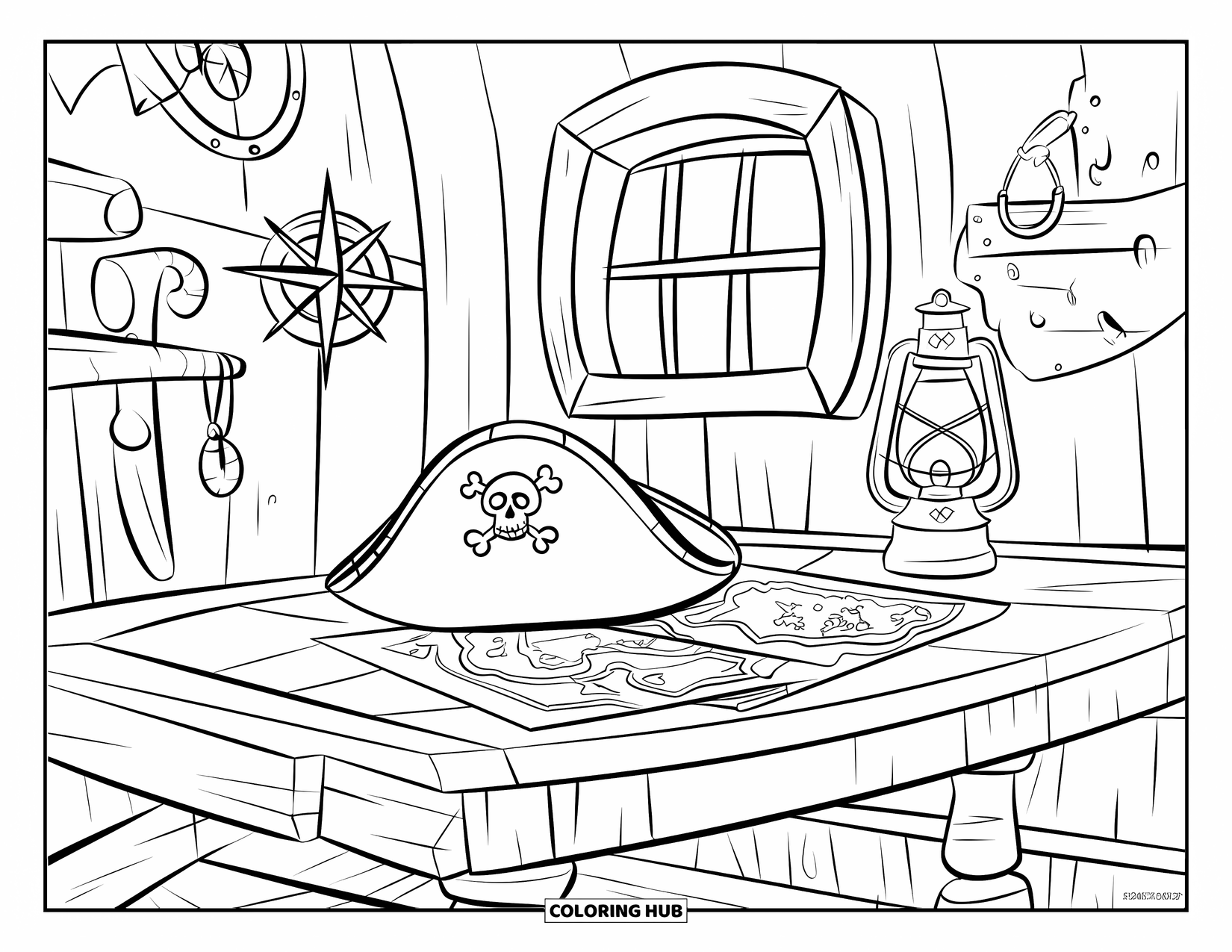 Pirate Coloring Page for Kids: A pirate captain's cabin with a table, maps, and a glowing lantern