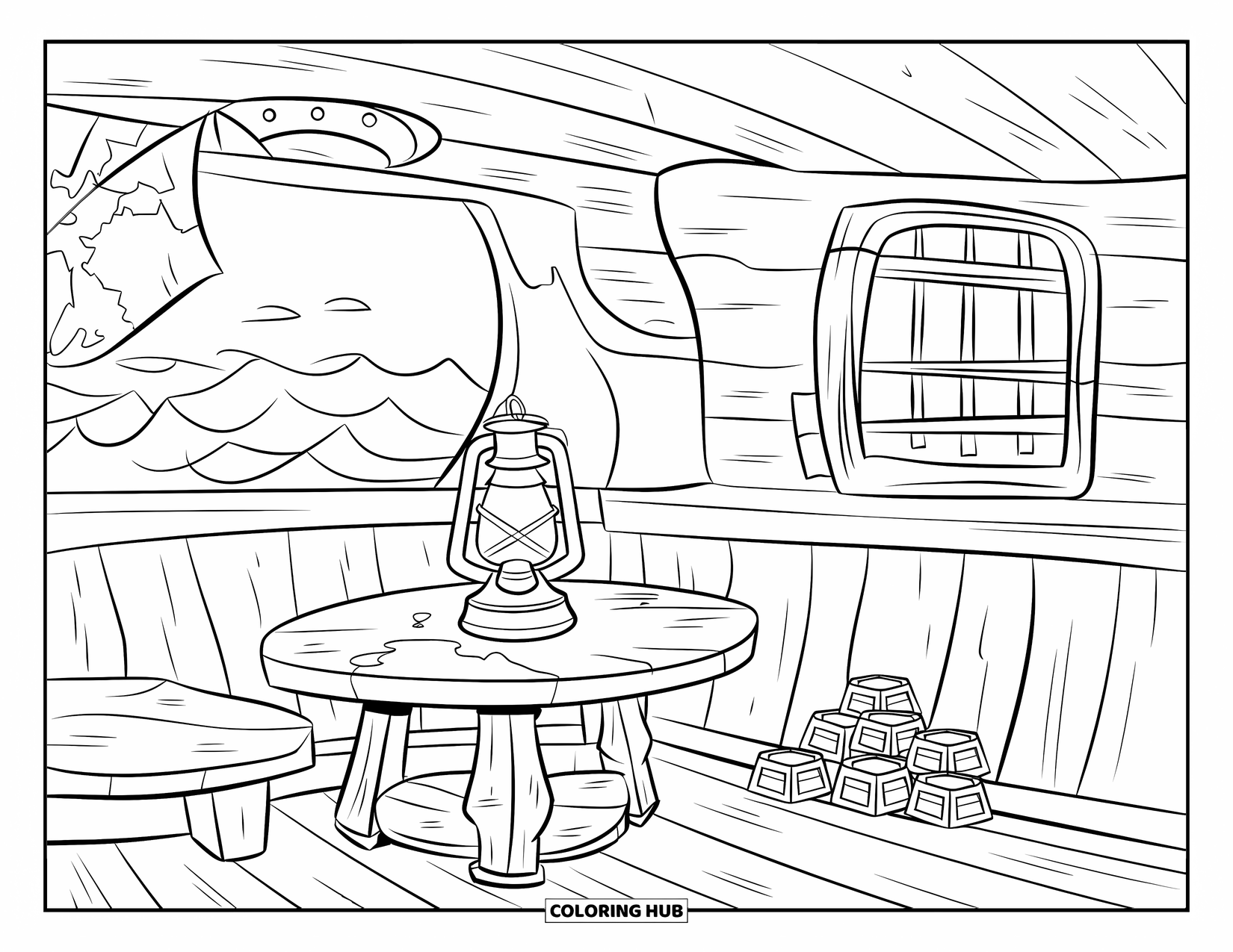 Pirate Coloring Page for Kids: A pirate captain's cabin with maps, treasure, and a glowing lantern