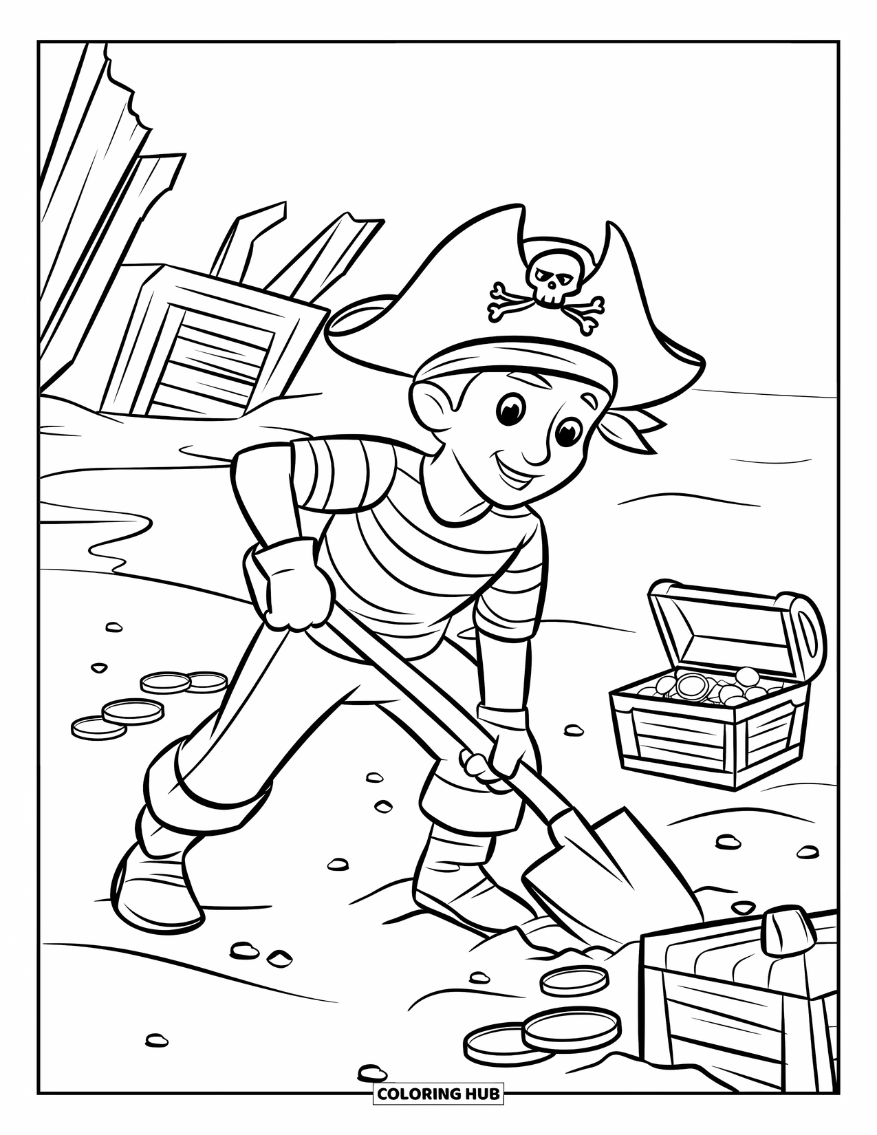 Pirate Coloring Page for Kids: A pirate digs for treasure by a shipwreck on a sandy beach
