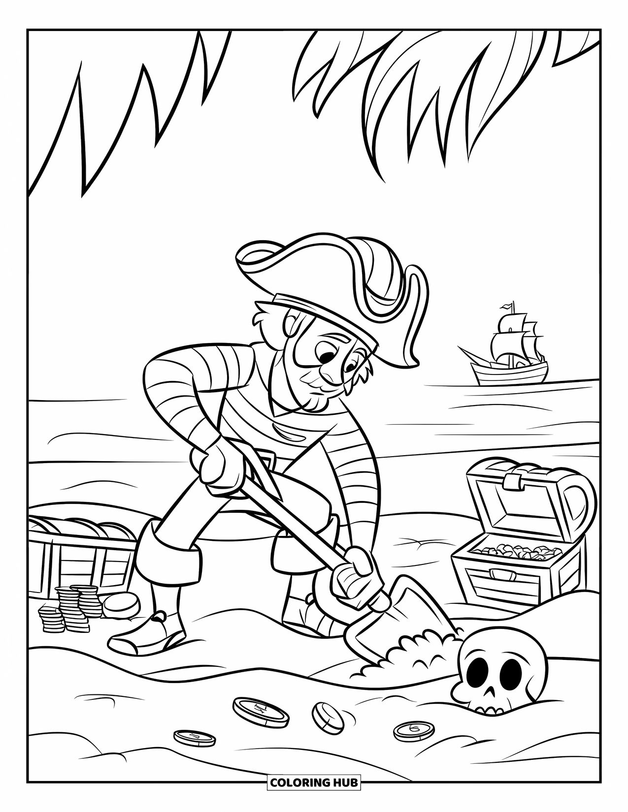 Pirate Coloring Page for Kids: A pirate digs for treasure on a sandy beach with chests and gold