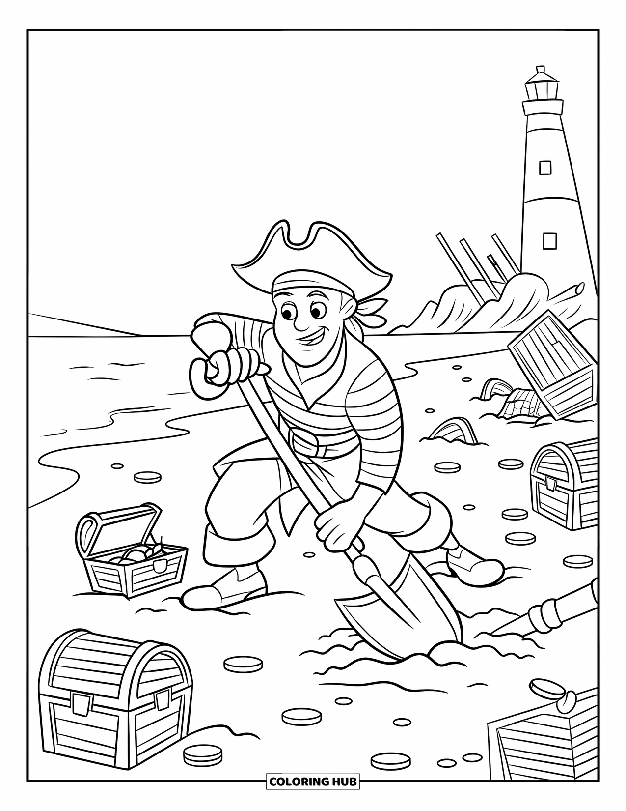Pirate Coloring Page for Kids: A pirate digs on a beach with treasure chests and a lighthouse nearby