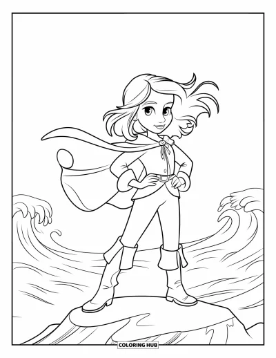 Dibujo de piratas para niños: Una niña pirata está de pie sobre una roca con el viento soplando su cabello y capa