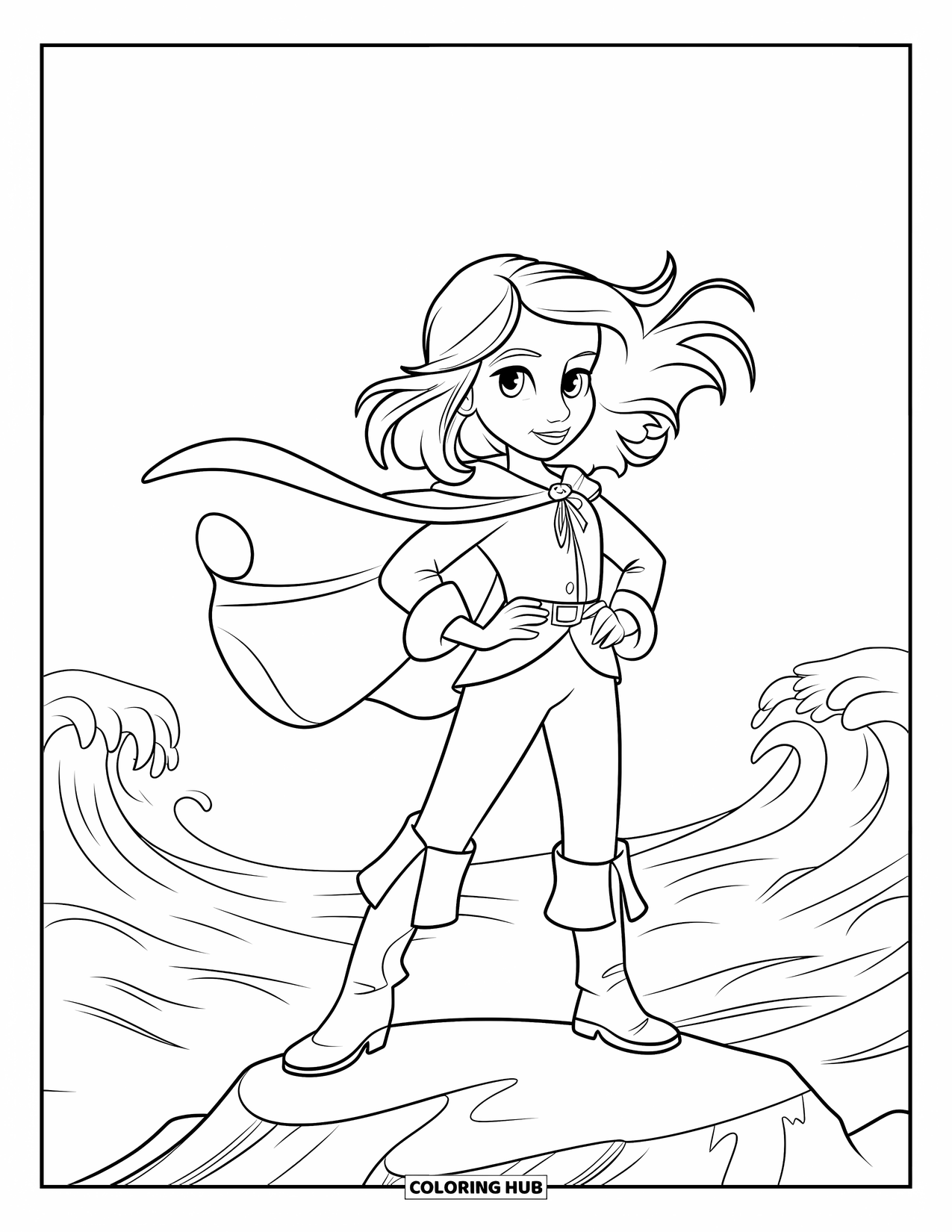 Pirate Coloring Page for Kids: A pirate girl stands on a rock with wind blowing her hair and cape