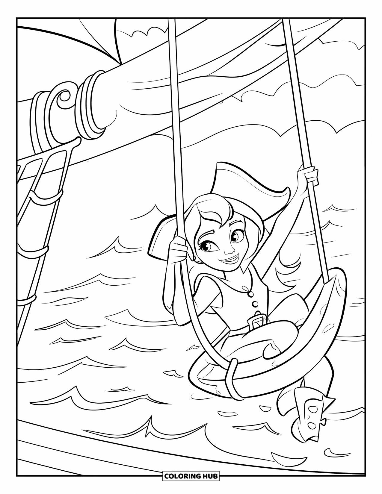 Pirate Coloring Page for Kids: A pirate girl swings from a rope with a big grin over the ocean