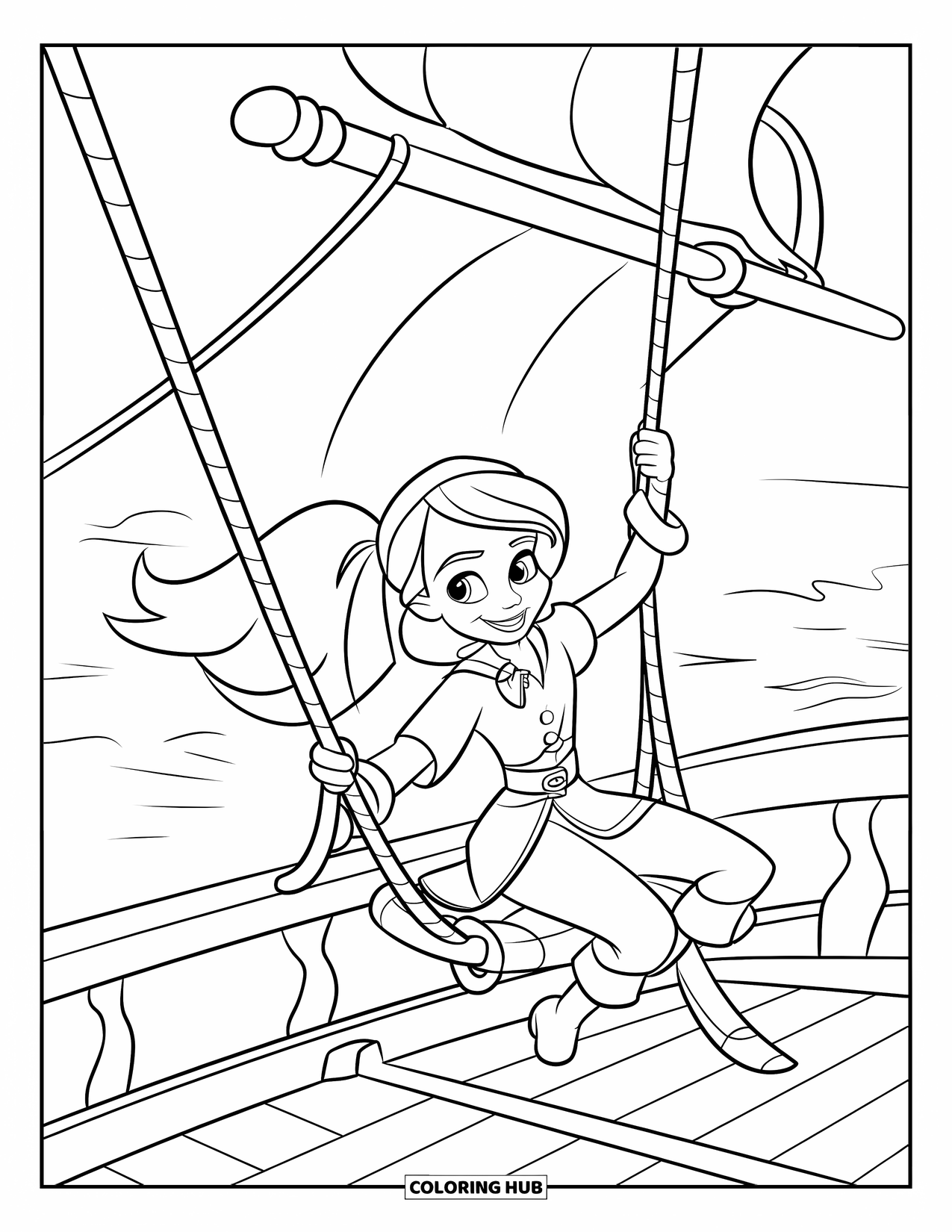 Pirate Coloring Page for Kids: A pirate girl swings from a ship's mast with a big grin