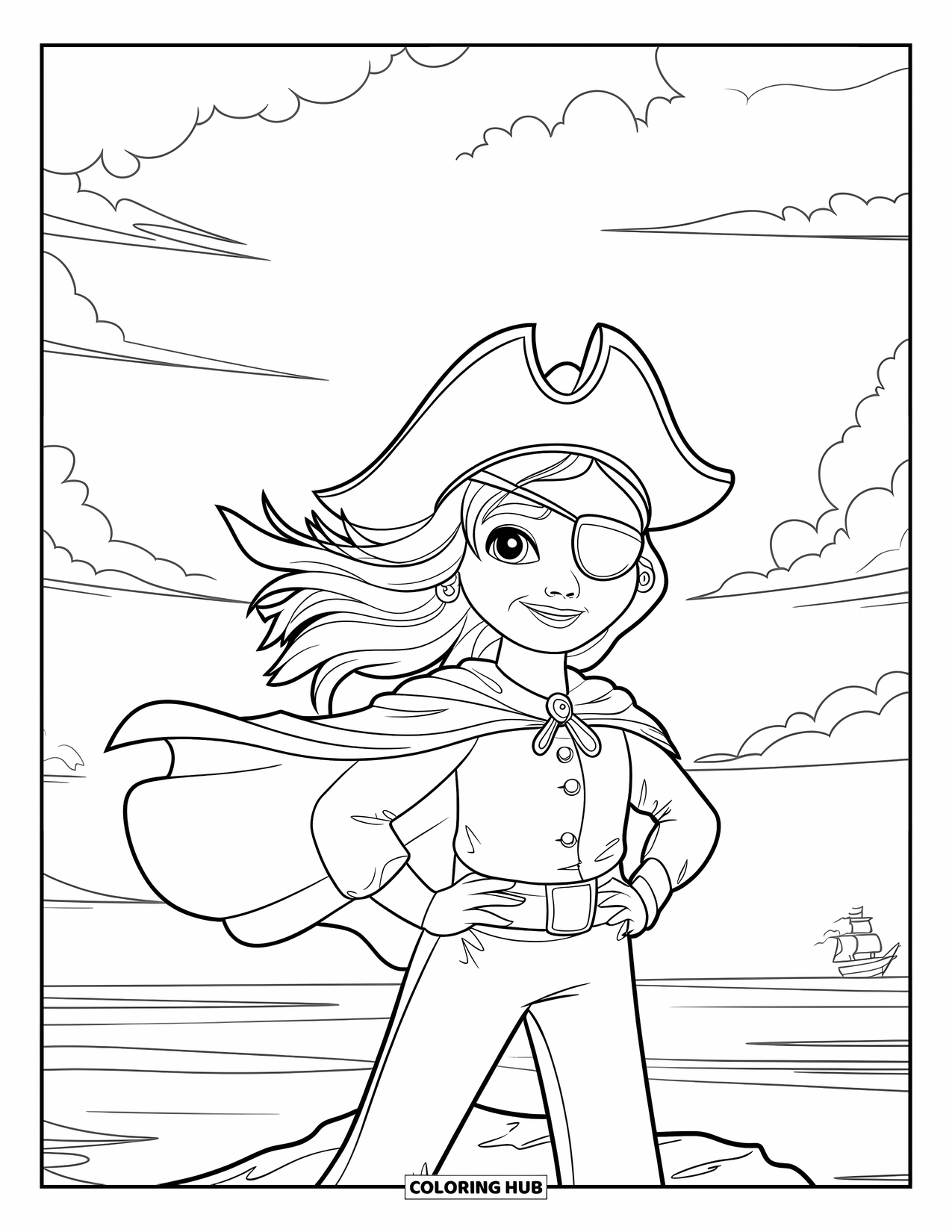 Pirate Coloring Page for Kids: A pirate girl with a hat and eyepatch stands on a rock with waves
