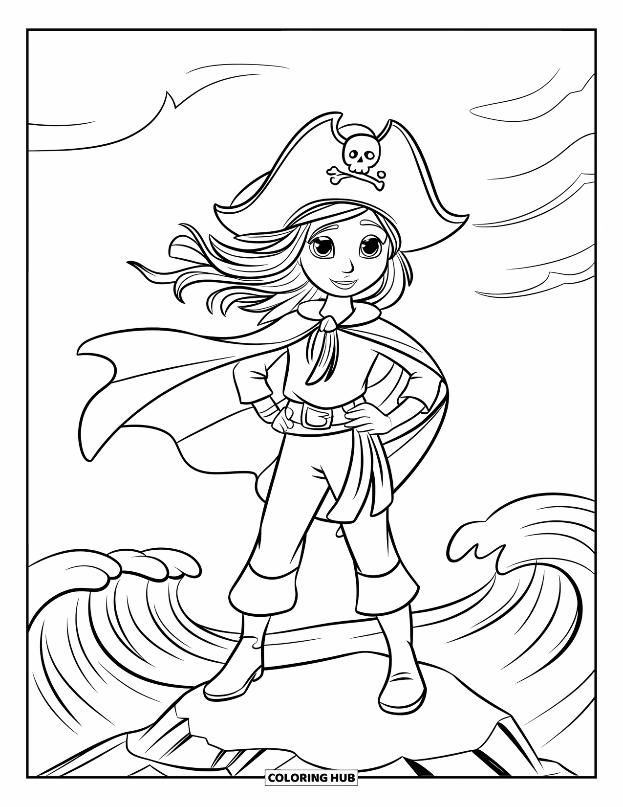 Pirate Coloring Page for Kids: A pirate girl with a hat and sash stands on a rock by the sea