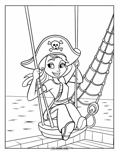 Dibujo para colorear de piratas para niños: Una niña pirata con un sombrero se balancea en una cuerda junto al océano