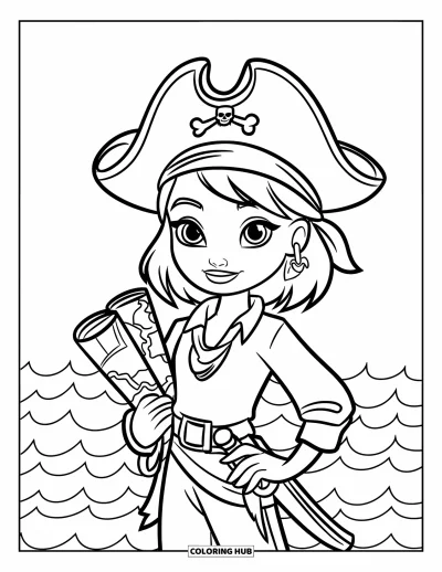 Dibujo para colorear de piratas para niños: Una niña pirata con un mapa y una espada está de pie con confianza junto al mar