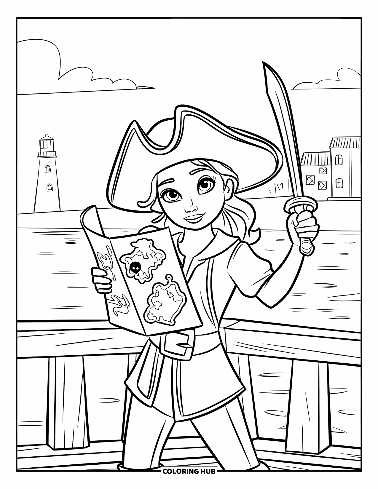 Pirate Coloring Page for Kids: A pirate girl with a map and sword stands confidently on a wooden platform
