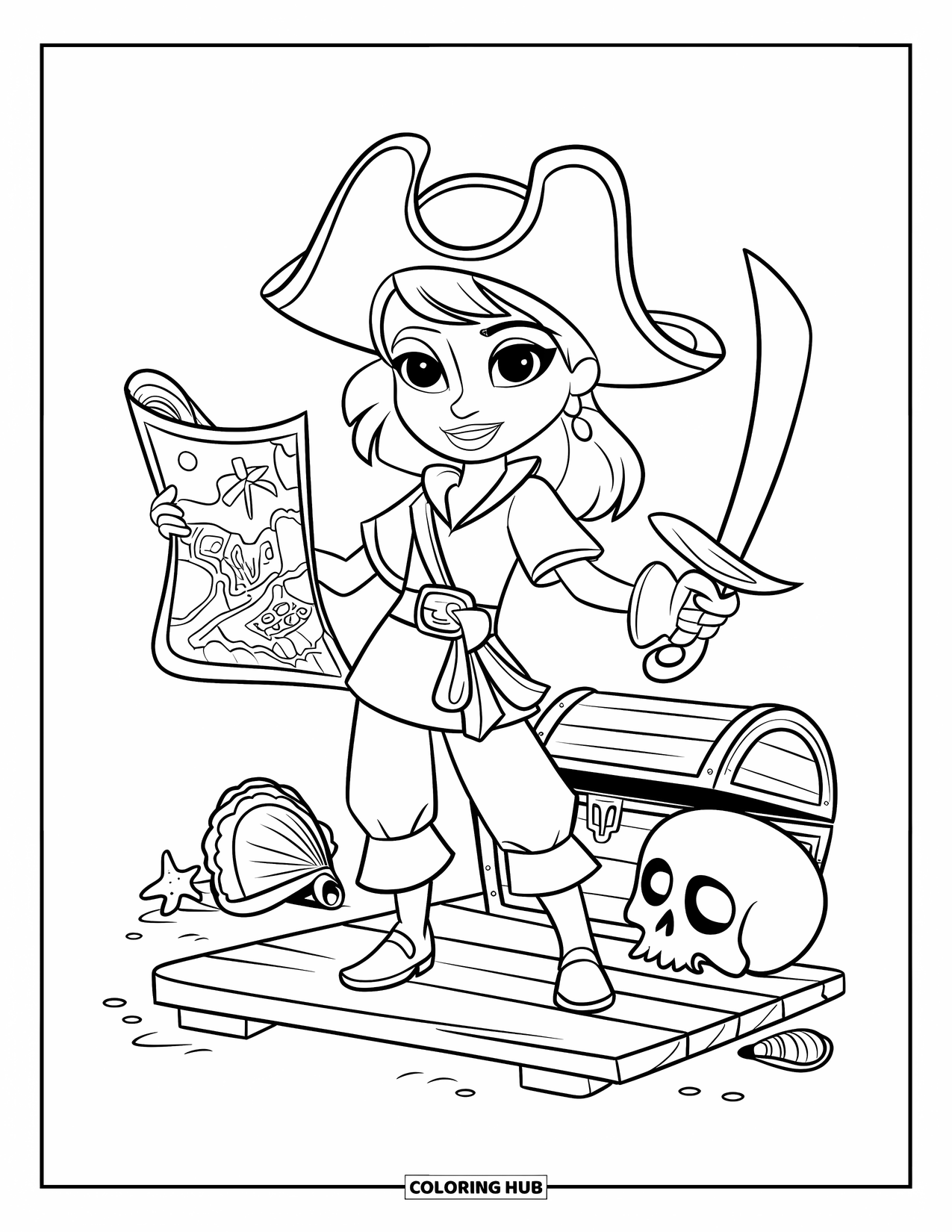 Pirate Coloring Page for Kids: A pirate girl with a map and sword stands on a plank by treasure