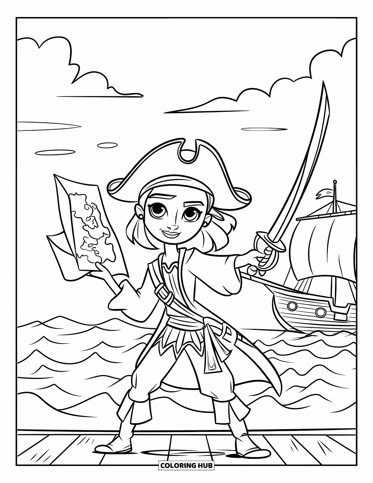 Pirate Coloring Page for Kids: A pirate girl with a map and sword stands on a wooden platform