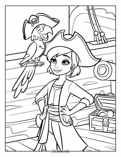 Dibujo de piratas para colorear para niños: Una niña pirata con un loro sobre una tabla, rodeada de un barco y un tesoro