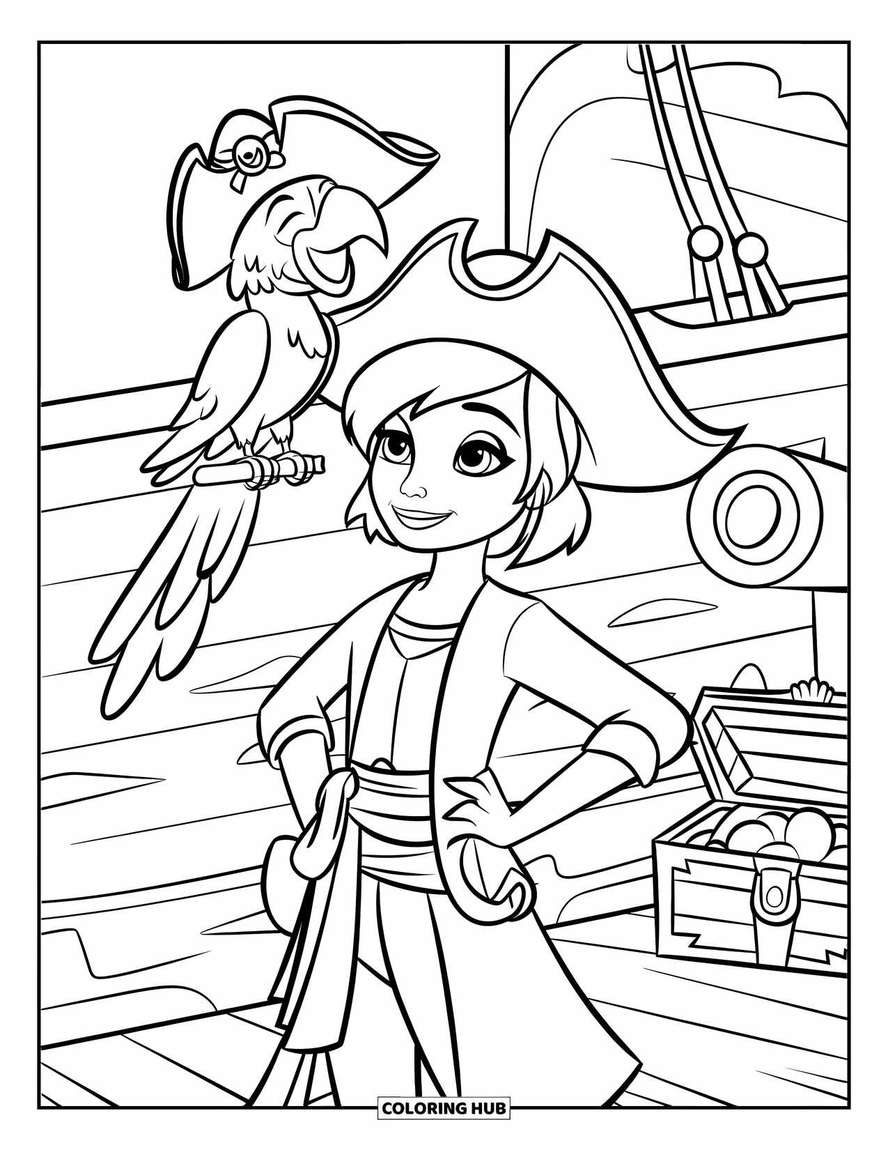 Pirate Coloring Page for Kids: A pirate girl with a parrot on a plank, surrounded by ship and treasure