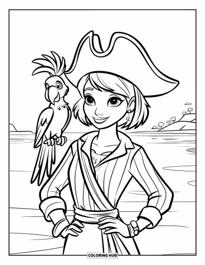 Dibujo para colorear de piratas para niños: Una niña pirata con un loro en su hombro junto a un océano sereno