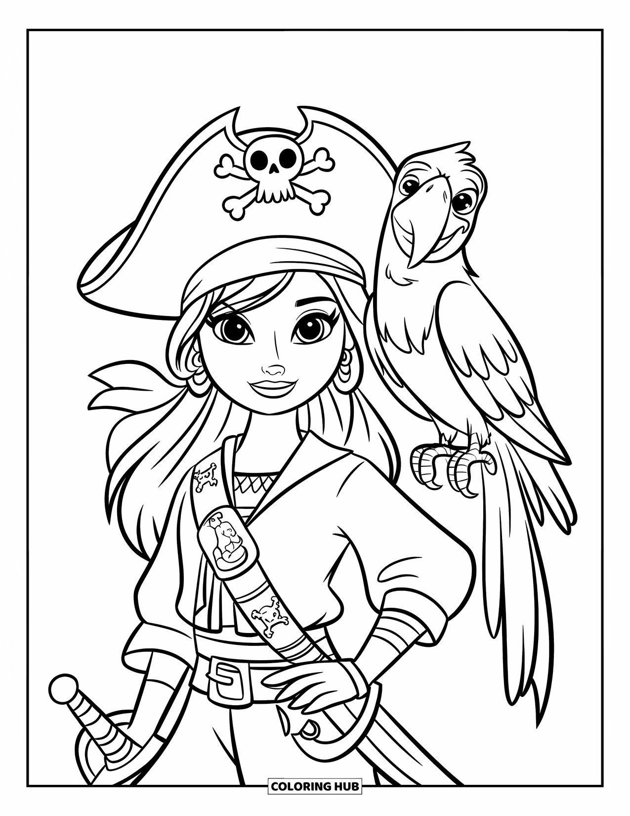 Pirate Coloring Page for Kids: A pirate girl with long hair, a skull-patterned shirt, and a parrot