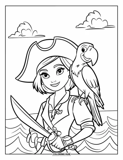 Dibujo de piratas para niños: Una niña pirata con pelo corto, un loro y una espada junto al océano