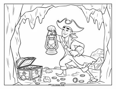 Dibujo para colorear de piratas para niños: Un pirata sosteniendo una linterna en una cueva oscura llena de tesoros